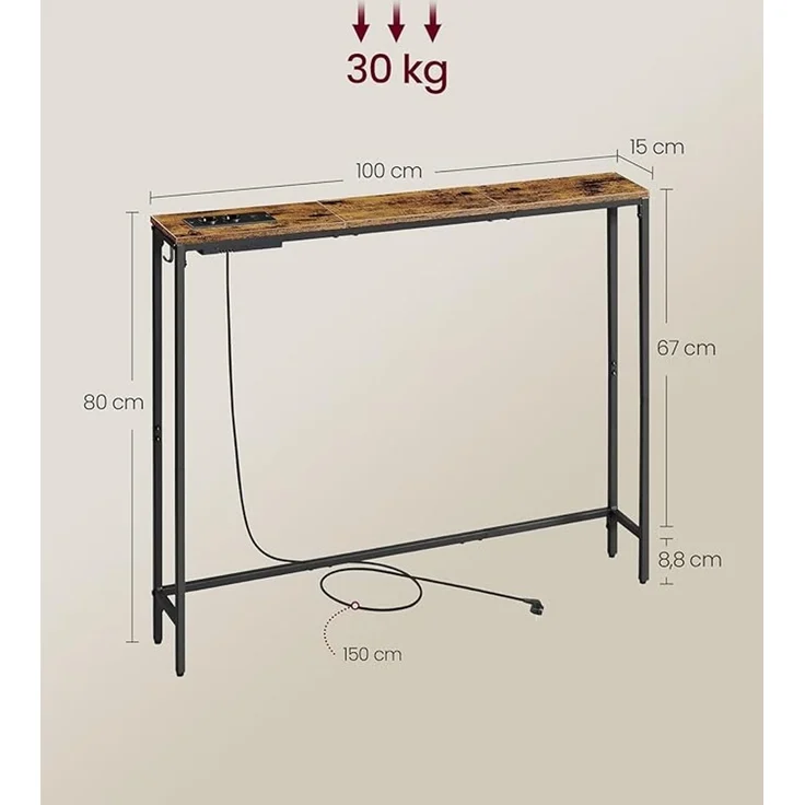 VASAGLE Konsolentisch 2er Set, mit Ladestation, schmaler Sofatisch, Flurtisch, 15 x 100 x 80 cm, mit 2 Haken, einfache Montage, für Flur, Wohnzimmer, vintagebraun-tintenschwarz – Bild 5