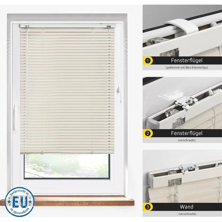 jalousiescout Jalousie LightLess Aluminium-Jalousie, 25 mm, 40 x 130 cm, beige matt, ohne Bohren, geklemmt oder verschaubt, Aluminium, vollverdunkelnd, Feuchtraumgeeignet – Bild 3