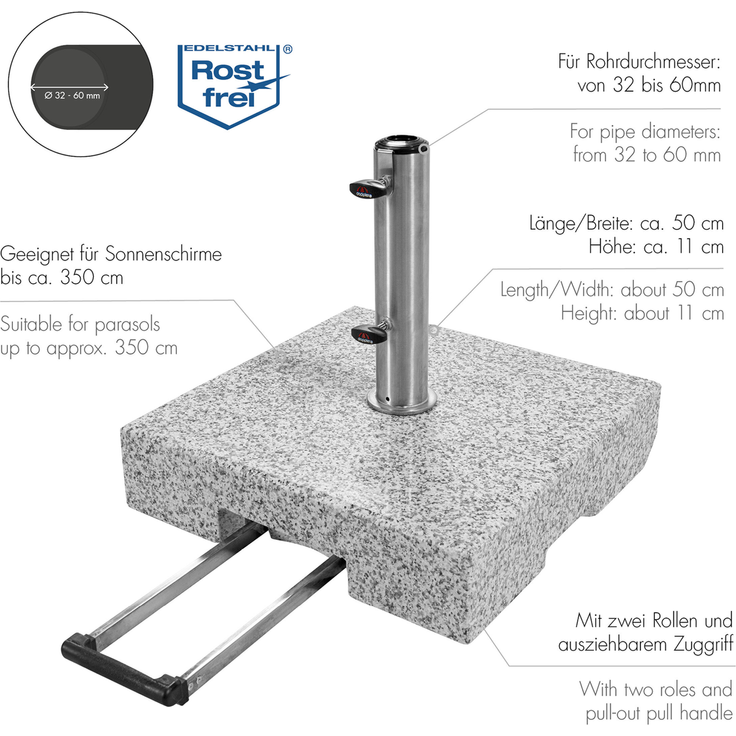 Doppler Trolley-Granit-Schirmsockel mit Rollen, granitgrau,50 kg, für Sonnenschirme bis Ø 300 cm – Bild 4