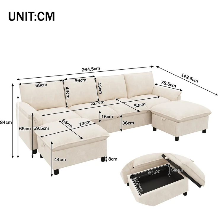 Merax U-förmiges modulares Sofa, bequemes Ecksofa mit Deep-Seat-Design, mit 2 beweglichen Fußhockern, hohe Rückenlehne, Chenille, Beige, B264.5/D142.5/H84 – Bild 4
