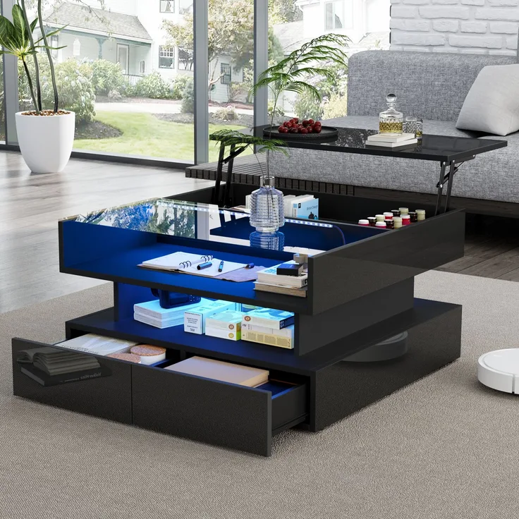 Couchtisch mit hydraulischer Hubfunktion und LED-Beleuchtung, Hochglanz Oberfläche, 2 Schubladen & gehärtetem Glas,Schwarz