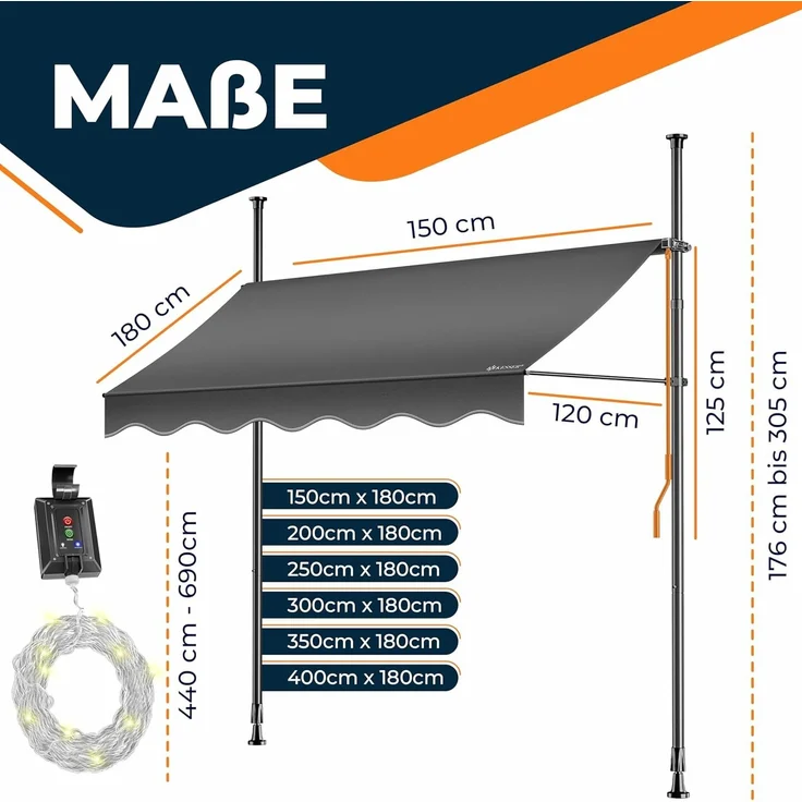 KESSER® Klemmmarkise mit Handkurbel & LED Lichterkette | Balkonmarkise ohne Bohren | Markise UV-beständig höhenverstellbar & wasserabweisend | Sonnenschutz für Balkon Terrasse & Garten Anthrazit, 200cm – Bild 5
