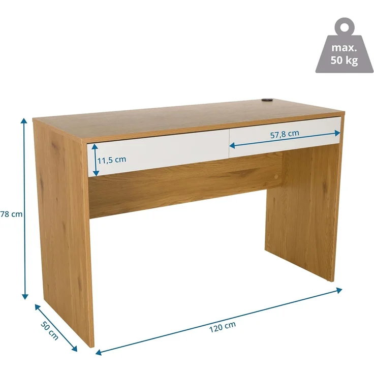 hjh LIVING Schreibtisch 120x50 cm BERGA – Moderner Scandi-Bürotisch Weiß/Eiche mit 2 Schubladen & Kabeldurchlass, Stabiler Arbeitstisch für Homeoffice, Büro & Wohnzimmer – Bild 3