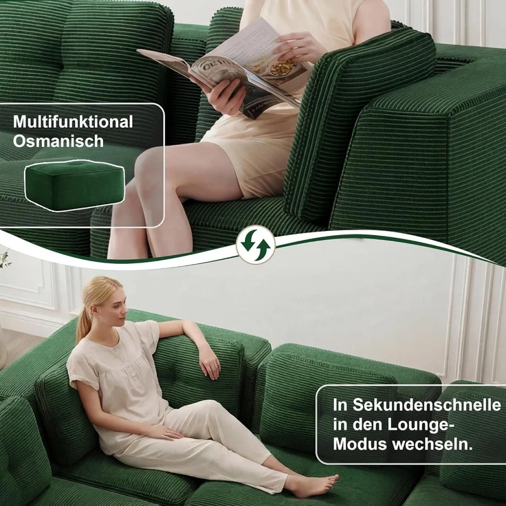 3-Sitzer-Sofa Ecksofa Cordstoff Polsterung Armlehnen Grün 3-Sitzer – Bild 6