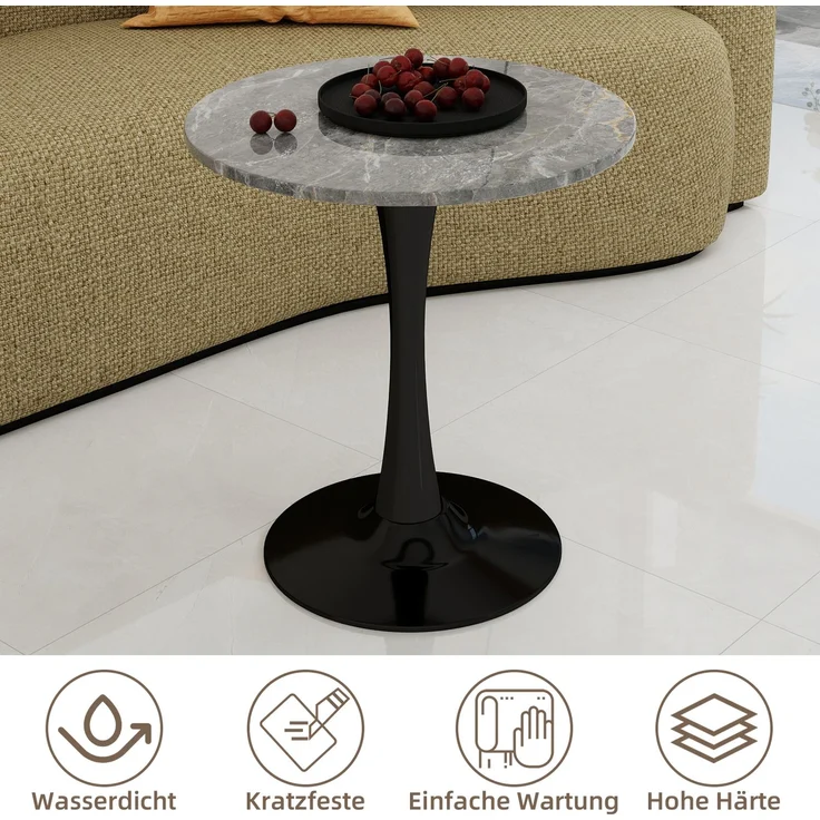 Novelux Runder Esstisch 70 cm – Couchtisch Schwarz Marmoroptik, Mid-Century Modern Tisch für 2-4 Personen, Dunkelgraue Maserung – Bild 5