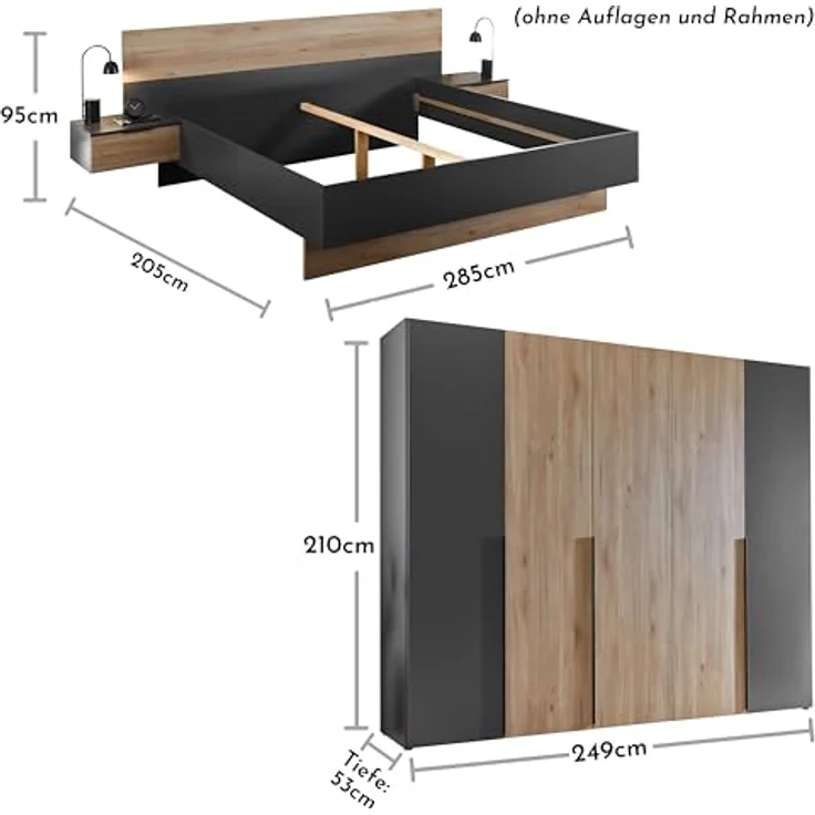 Stella Trading ASKA Schlafzimmer Komplett-Set in Graphit, Mauvella Eiche Optik - Schlafzimmer Möbel-Set 2-teilig bestehend aus Kleiderschrank & Bettanlage – Bild 4