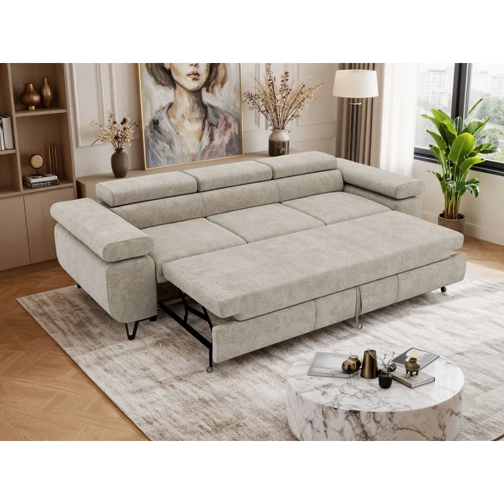 Polstersofa PETER, Sofa 3-Sitzer mit Schlaffunktion, verstellbaren Armlehnen und Kopfstütze, Gepolsterte Couch, Wellenfeder - Beige Struktur – Bild 5