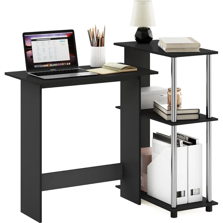 Furinno Abbott Eck-Computertisch mit Bücherregal, Americano, Edelstahlrohre