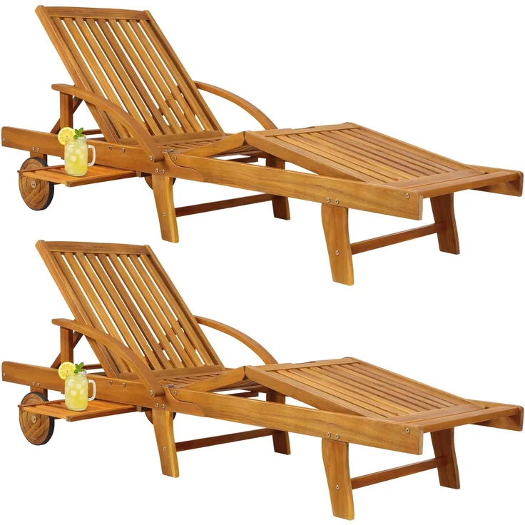 Casaria® Sonnenliege 2er Set Klappbar Wetterfest 2 Personen Holz Gartenliege mit 2 Räder Ablage Tisch Liegestuhl Verstellbare Rücken- Fußlehne Garten 196cm