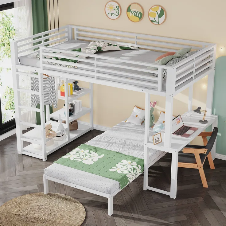 Zwei Schlafplätze,Hochbett,Eisenrahmen,90 x 200 cm,Schreibtisch,Doppelsteckdose mit USB-und Type-C-Schnittstelle,4 mehreren Regalen,Kleideraufbewahrung,En747zertifiziert,ohne Matratze,Weiß