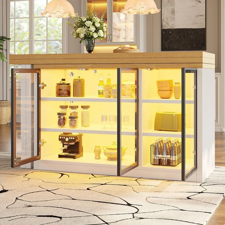 Flieks Kücheninsel mit 360° drehbarer und klappbarer Esstisch, LED-Beleuchtung, Glastüren, (Holzoptik Tischplatte Tiefe 40-80cm, Längenverstellbar 120-197 cm), ausziehbarer Arbeitstisch & multifunktional Mehrzweckschrank Weiß – Bild 2