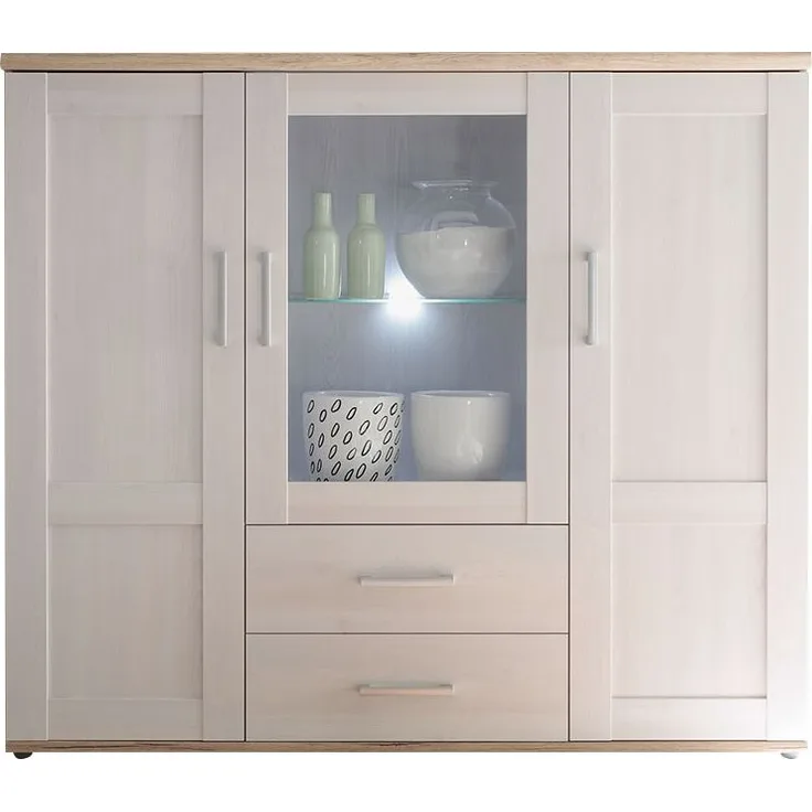 Highboard Romy / Romance, Glas, Holzwerkstoff, Holzfarben, 156 x 137 x 46 cm
