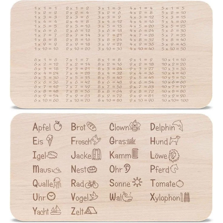 GRAVURZEILE Schneidebrett Frühstücksbrettchen Brettchen für Kinder - 1x1 & ABC im Set, Buchenholz, (Set), Geschenk zur Einschulung zum einfachen lernen – Bild 1