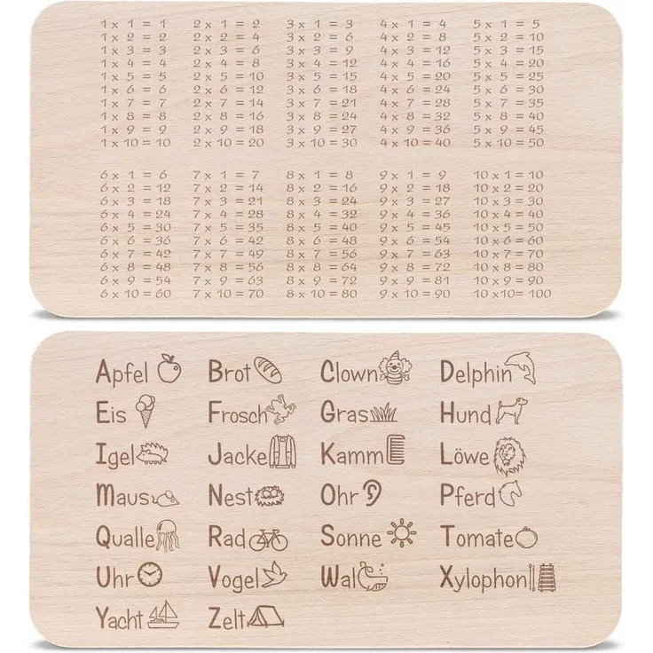 GRAVURZEILE Schneidebrett Frühstücksbrettchen Brettchen für Kinder - 1x1 & ABC im Set, Buchenholz, (Set), Geschenk zur Einschulung zum einfachen lernen