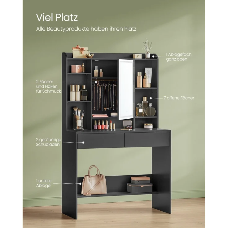 Vasagle Schminktisch mit LED-Beleuchtung, 3 Farben mit einstellbarer Helligkeit, Frisiertisch mit Spiegel, Kosmetiktisch mit verstellbaren Ablagen, 2 Schubladen, modern, tintenschwarz von Songmics – Bild 3
