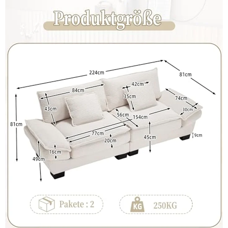 Ball & Cast Couch mit Schlaffunktion, Samt Sofa 2 Sitzer mit Kissen für das Wohnzimmer Wohnung Schlafzimmer, 224 x 81 x 81 (BxHxT), Beige – Bild 3