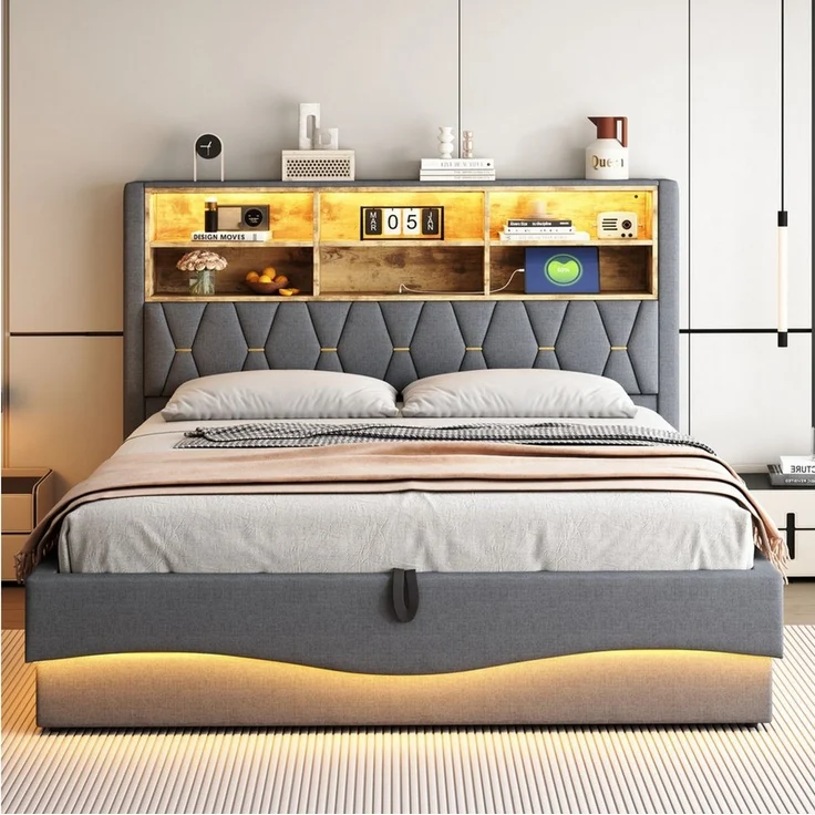 i@home Stauraumbett Doppelbett, Polsterbett Kinderbett 180×200 mit hydraulischem Stauraum (1-tlg), Mit LED-Beleuchtung und Anschluss, mit gepolsterter Rückenlehne, Grau – Bild 2
