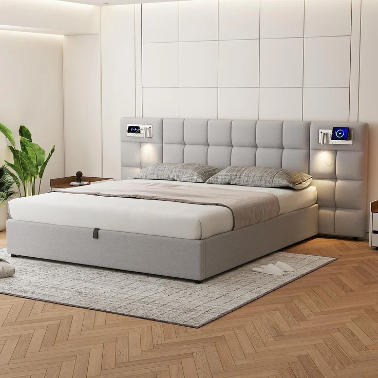 Polsterbett mit LED-Beleuchtung, Wireless Charger und Stauraum, extra breites Kopfteil mit Spots, Type-C und USB Anschlüssen, 180x200 cm, gepolsterter Kopfteil, Doppelbett, Stauraumbett, Leinen – Bild 2