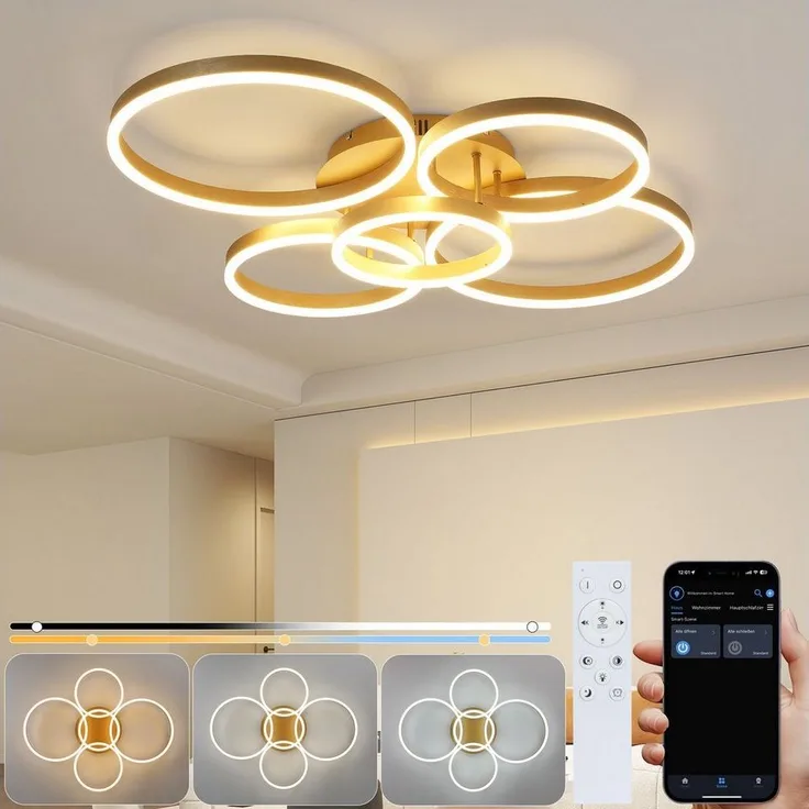 Nettlife LED Deckenleuchte Dimmbar Wohnzimmer Gold 2 Ring 46W 59CM Modern, Dimmbar mit Fernbedienung, LED fest integriert, Geeignet für Wohnzimmer, Schlafzimmer, Küche, Esszimmer, Büro