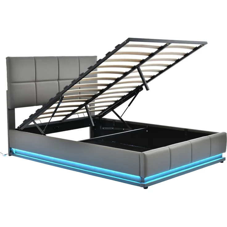 Merax LED Hydraulisches Polsterbett 140x200 aus Kunstleder Doppelbett mit Höhenverstellbares Kopfteil & Lattenrost Dunkelgrau – Bild 1