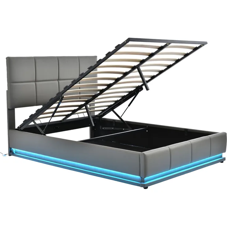 Merax LED Hydraulisches Polsterbett 140x200 aus Kunstleder Doppelbett mit Höhenverstellbares Kopfteil & Lattenrost Dunkelgrau