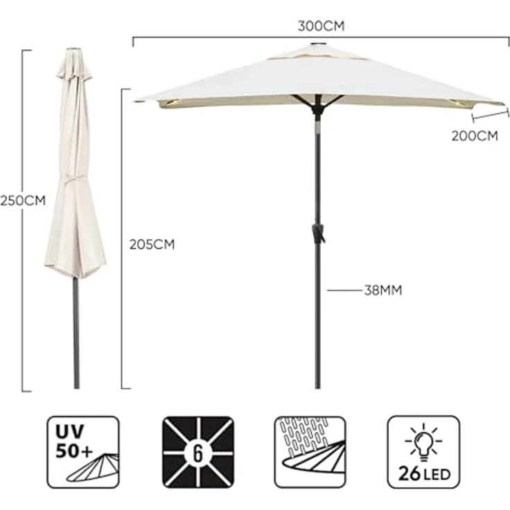 Sekey Sonnenschirm mit LED-Beleuchtung, Kurbel & UV50+, knickbar, Aluminium creme, 200 × 300 cm – Bild 8