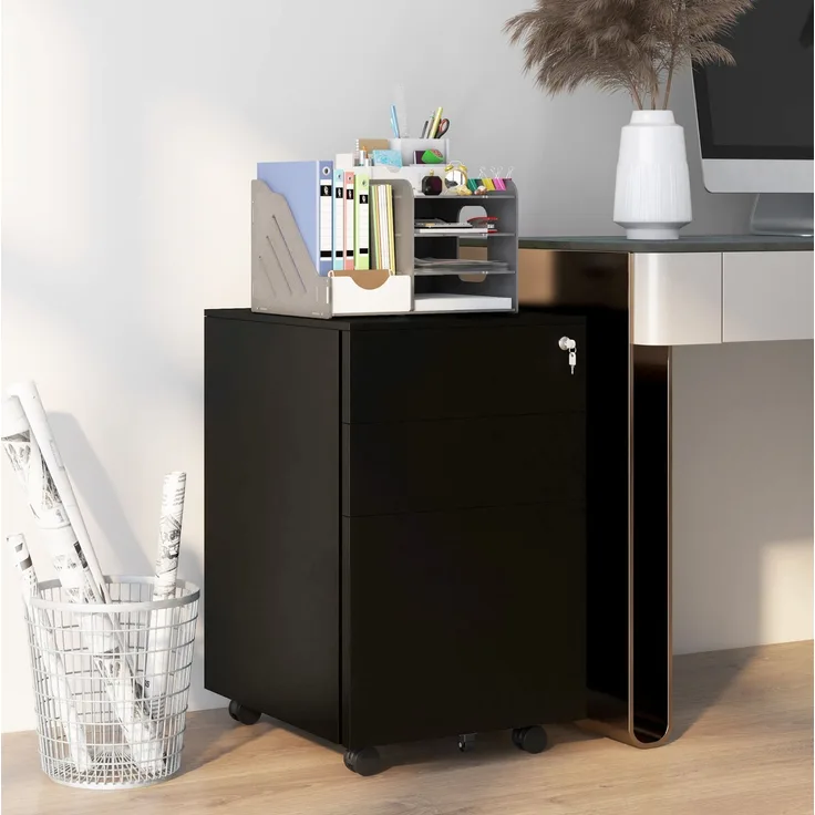 Aktenschrank 37 x 43,5 x 60 cm aus Stahl – abschließbarer Rollcontainer mit 3 Schubladen