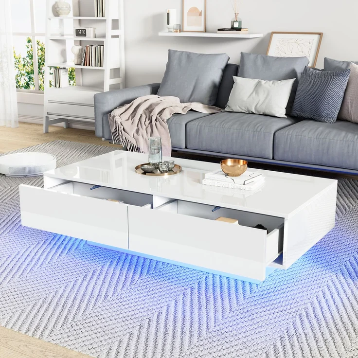 Merax Moderner Hochglanz Couchtisch in Weiß, 115 x 55 x 34 cm, mit 2 Schubladen, LED-Beleuchtung und 30 kg Tragkraft – Eleganter Wohnzimmertisch – Bild 1