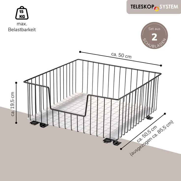 bremermann Schrank-Korbauszug 2er 50 cm mit Einlegeboden, aus Metall, in Schwarz – Bild 7