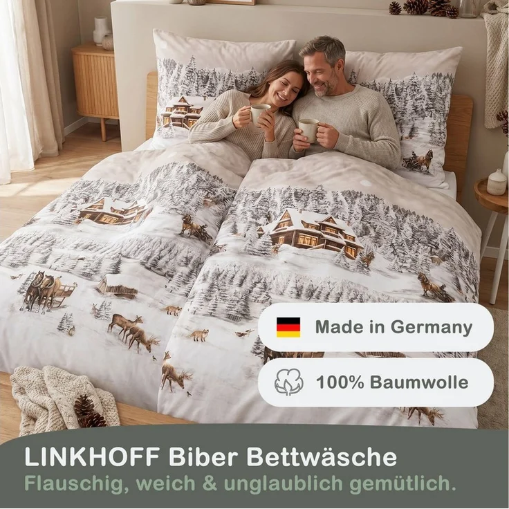 LINKHOFF Bettwäsche Biber Bettwäsche 135x200 + 80x80 cm 2tlg. – Wintermotiv Schneeweiß, 100% Baumwolle – Weihnachtsbettwäsche Feinbiber mit Reißverschluss – Bild 4