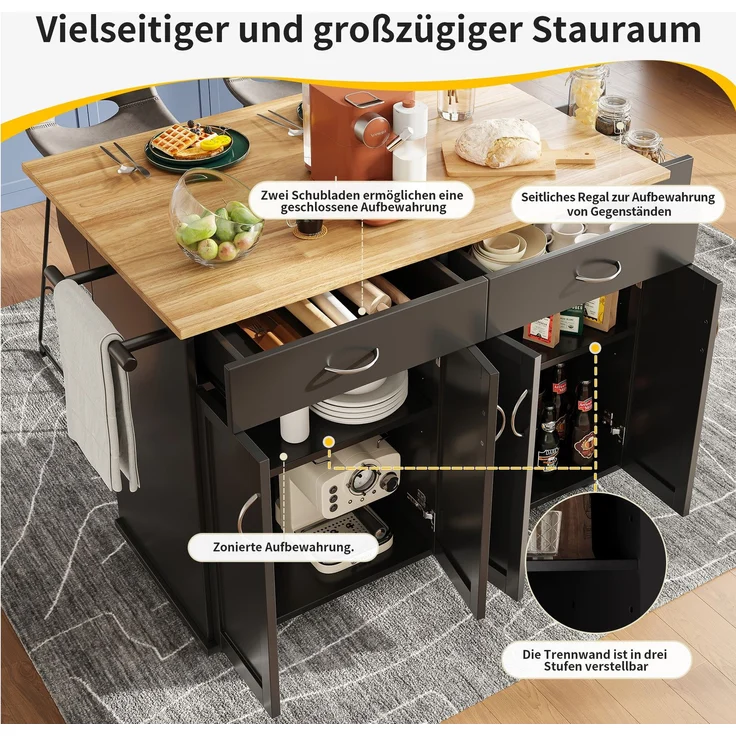 Kücheninsel aus MDF mit klappbarer Platte & Stauraum, 106x50x90,5 cm, Schwarz – Bild 2