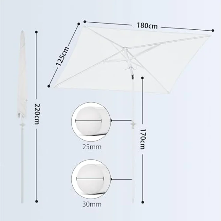 Sekey 180 × 125 cm Sonnenschirm mit Schutzhülle, Balkonschirm Gartenschirm Terrassenschirm, Sonnenschutz UPF50+, Kippbar, Höhenverstellbar, Rechteckig- Creme – Bild 8