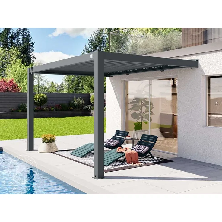 PRIMEYARD Terrassenüberdachung 3x4 m Aluminium-Pfosten mit Lamellendach aus Alu anthrazitfarbene Anbau-Pergola