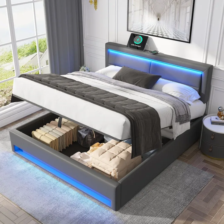 Merax Polsterbett, Doppelbett, 140x190 cm, mit USB-Anschluss (unterstützt kabelloses und kabelgebundenes Laden), LED-Beleuchtung und Stauraum, PU, grau