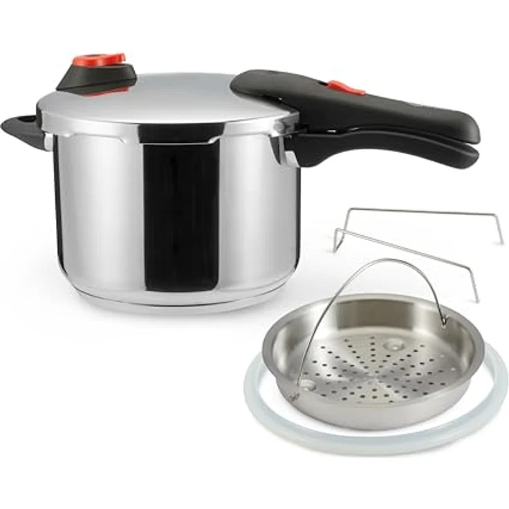 Amazon Basics Schnellkochtopf aus Edelstahl - mit Dampfgarer, induktionsgeeignet - 6 Liter, Silber – Bild 2