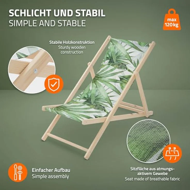 ECD Germany Gartenliege Holz Liegestuhl, 2er Set klappbare Strandliege mit 3-fach verstellbarer Rückenlehne, Grün-Weiß mit Palme – Bild 5