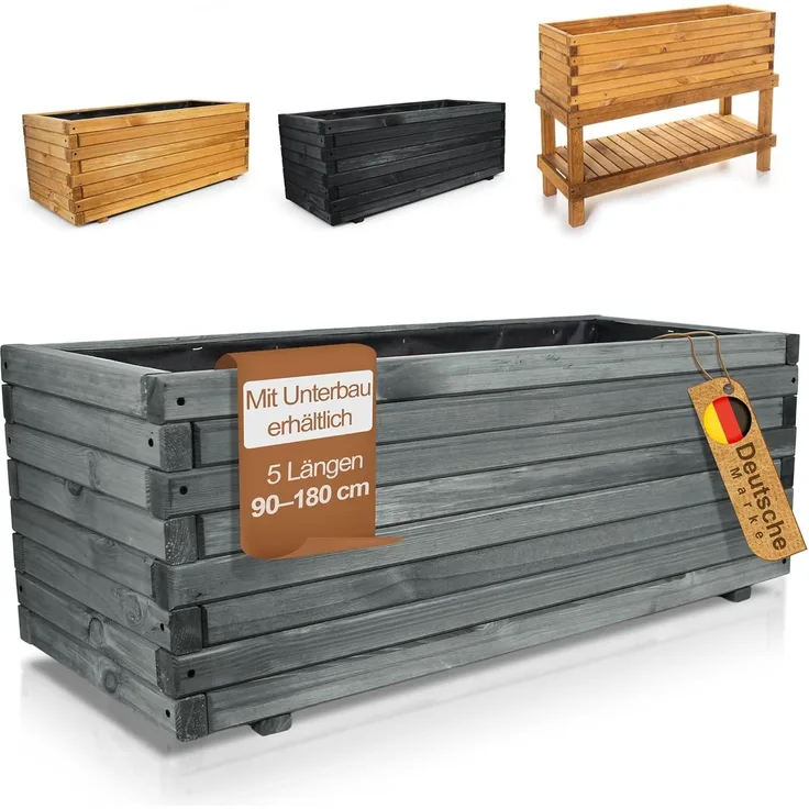 BooGardi Pflanzkübel Pflanzkasten Holz mit Vlies (Hochbeet 90cm anthrazit), 5 Größen Blumenkasten Kräuterbeet Balkon Terrasse