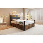 Bett 90x190 cm, abnehmbarer Baldachin, integrierte LED & USB/Type‑C, Stauraum mit Rollenboxen, schwarzer Metalll‑Holz‑Mix,Schwarz
