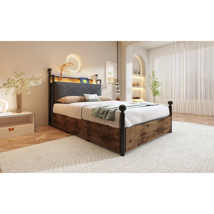Bett 90x190 cm, abnehmbarer Baldachin, integrierte LED & USB/Type‑C, Stauraum mit Rollenboxen, schwarzer Metalll‑Holz‑Mix,Schwarz