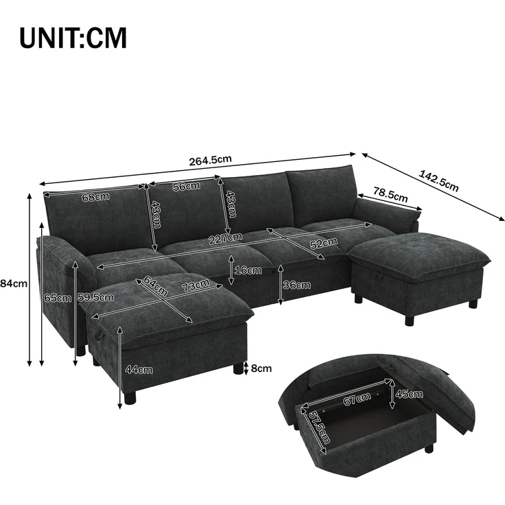 ZUBALIYA Ecksofa 64x46.5 cm, mit Stauraum, mit Ablageflächen, mit Chenille - Bezug, mit breiten Armlehnen, Schwarz – Bild 2