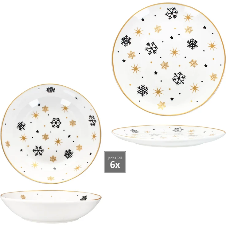 12tlg Tafelservice Stars schwarz gold 6 Personen Essteller Suppenteller Weihnachten – Bild 4