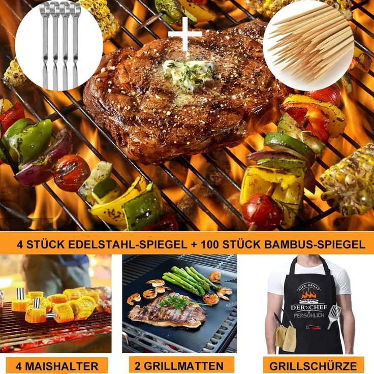 Grillbesteck Set Edelstahl Grill Geschenke Zubehör mit Schürze und Koffer, 1x Grillbesteck-Set (21-tlg.) – Bild 5