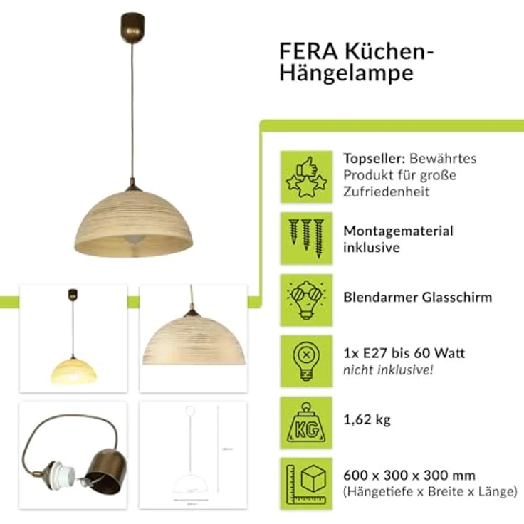 Licht-Erlebnisse Pendelleuchte FERA, Glas in Gold, E27, Ø 30cm, Retro Hängelampe für Küche und Esszimmer – Bild 2