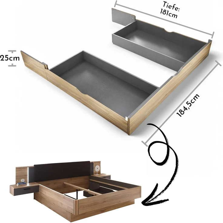 Stella Trading 2X Bettkästen passend zum Bett ASCHAU - ideal für zusätzlichen Stauraum - Bettschubkästen in Mauvella Eiche Optik, Graphit - 184 x 25 x 181 cm (B/H/T) – Bild 3
