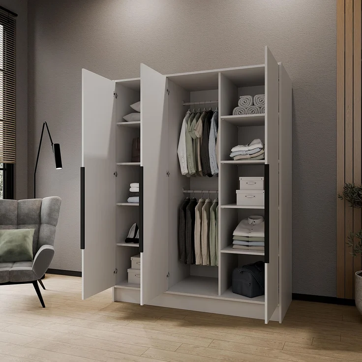 MEBLINI Kleiderschrank PORTINA 150cm - Weiß Matt - mit schwarzen Griffen - Drehtürenschrank ohne Spiegel - Kleiderstangen und Regalböden – Bild 3