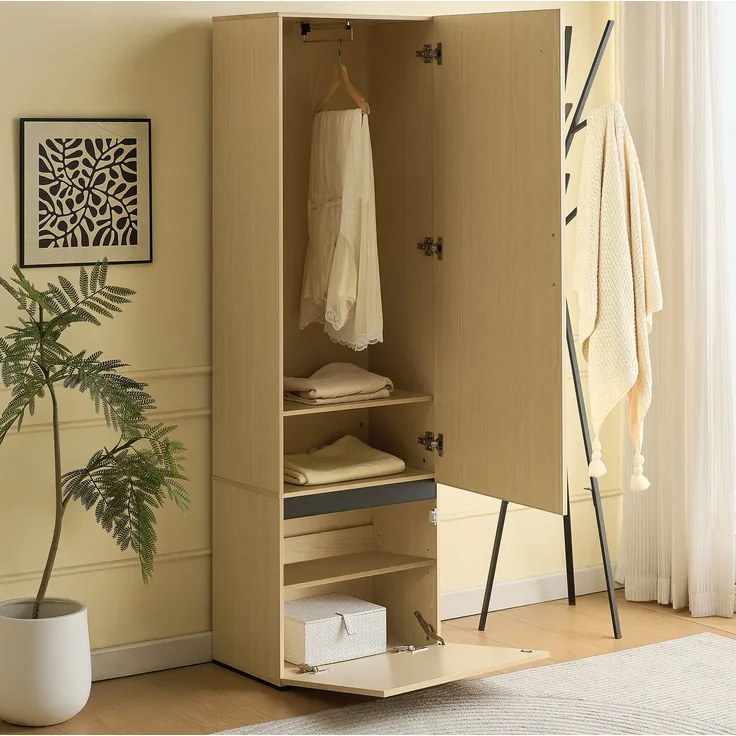Garderobenschrank 54 x 34,5 x 179,5 cm mit Spiegel und ausziehbarer Kleiderstange – schmaler Flurschrank aus MDF