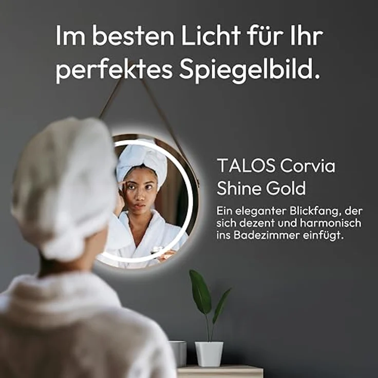 Talos LED Badspiegel CORVIA Shine, runder Spiegel Ø50 cm in matt Gold, feuchtraumgeeignet mit Aluminiumrahmen und hochwertigem Band in Lederoptik – Bild 2