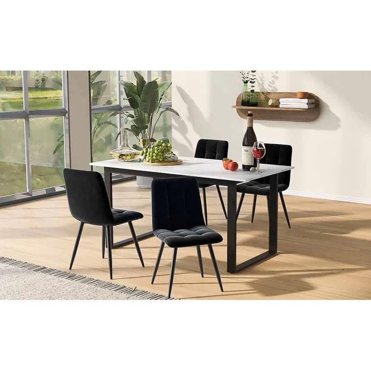 Essgruppe 5-tlg, ausziehbarer Tisch 140-180x80 cm weiß/schwarz, 4 Samtstühle schwarz – Bild 2