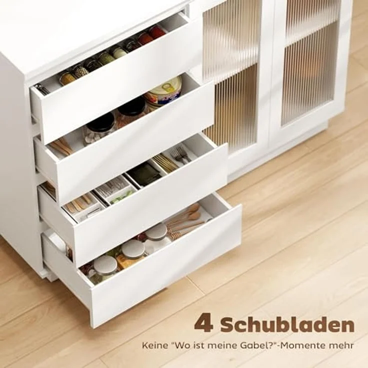 HOMCOM Sideboard Beistellschrank mit 4 Schubladen, 2 Türen (Aufbewahrungsschrank, 1 St, Küchenschrank), mit verstellbarem Einlegeboden, Weiß – Bild 4