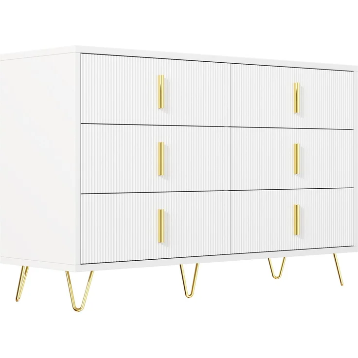 DESVIAE Sideboard mit 6 Schubladen, 120x77x40 cm, aus Spanplatte, Weiß/Gold – Bild 8